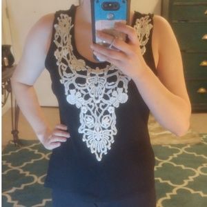 Black Tank Top with White Embroidery Detail